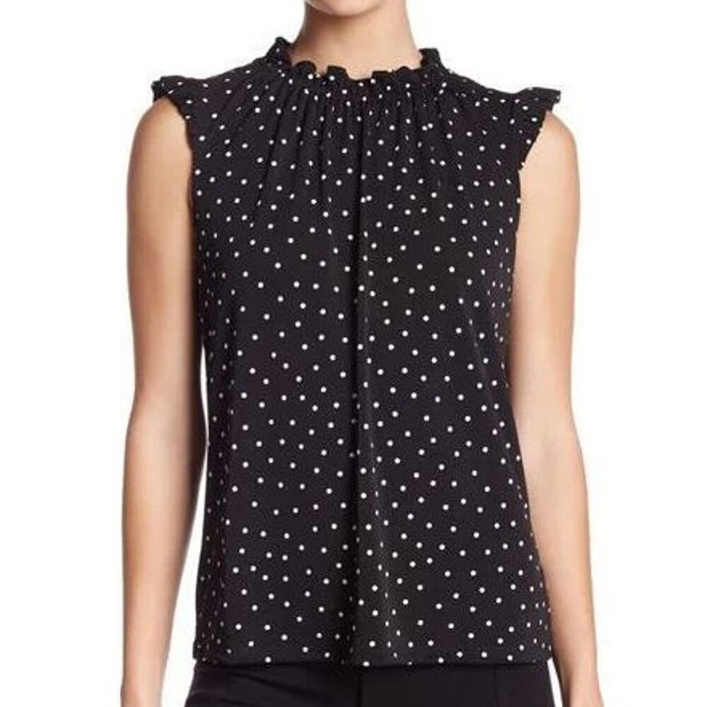 Adrianna Papell Womens Polka Dot Tank Size L Stretch Ruffle Neck Ruched Classic